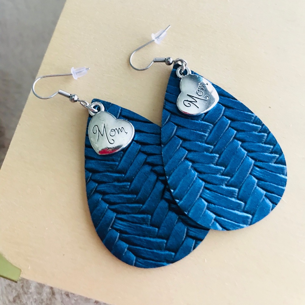 Leather “mom” earring with silver charm